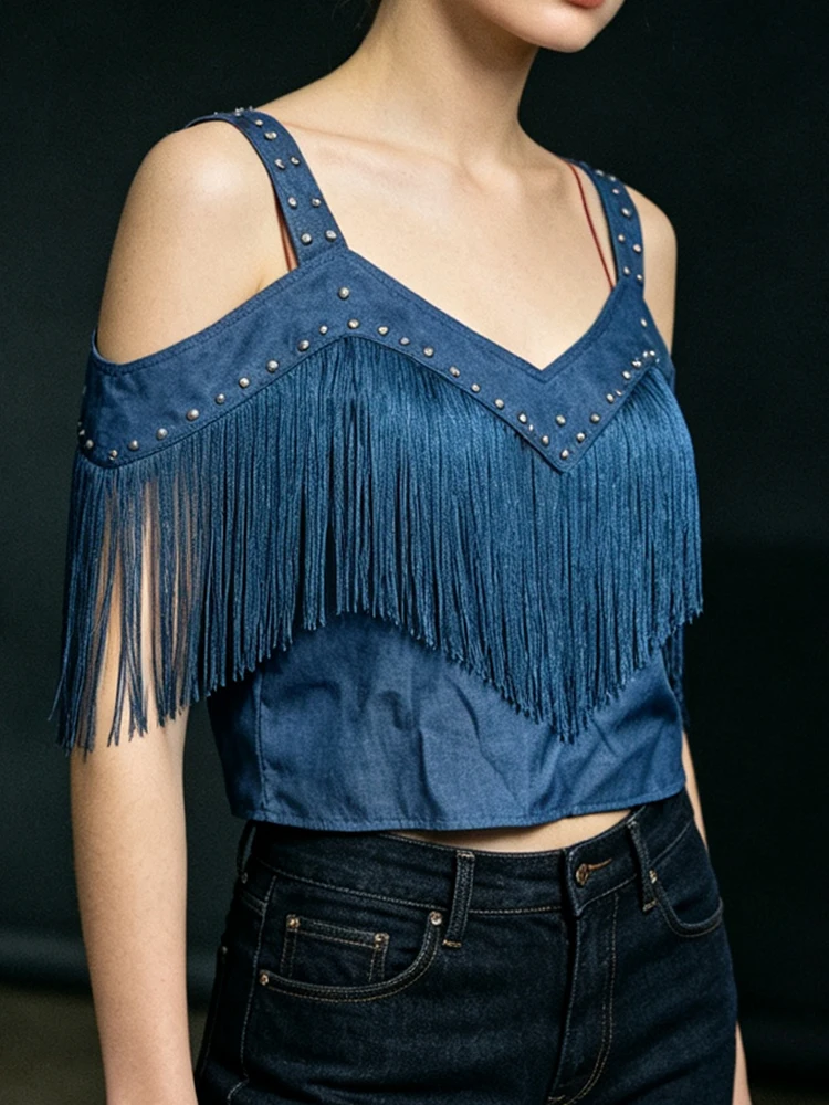 Women's Western Crop Top Cold Shoulder Spaghetti Strap Rivet Fringe Tank Top Women Vintage Cowgirl Short Blouse Party T-Shirt