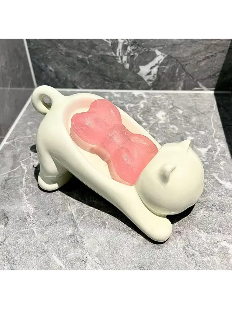 Cute Cat Drain Soap Holder Container Smooth Plastic Toilet Soap Dish Case Tray Bathroom Accessories Washroom Tools Home Decor