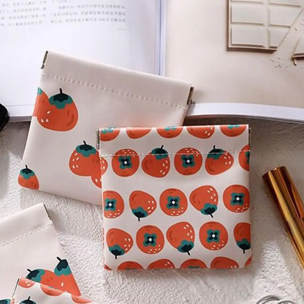 

Self-closing Coins Pouch Kawaii Harajuku Persimmon Pattern Lipsticks Holder Case Jewelry Organizer Leather Cable Earphone Bag