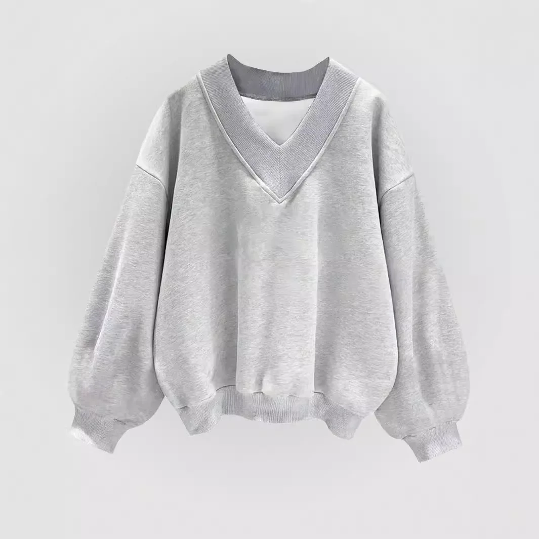 Women Fall V Neck Sweatshirt Loose Fit Long Sleeve Pullover Top Casual Solid Color Oversized Streetwear for Autumn Daily Wear