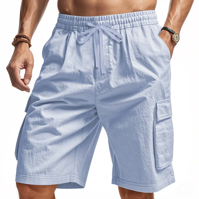 

New Men's Cargo Shorts Breathable Lightweight Casual Shorts with Big Pockets Elastic Waist Drawstring Solid Color Streetwear