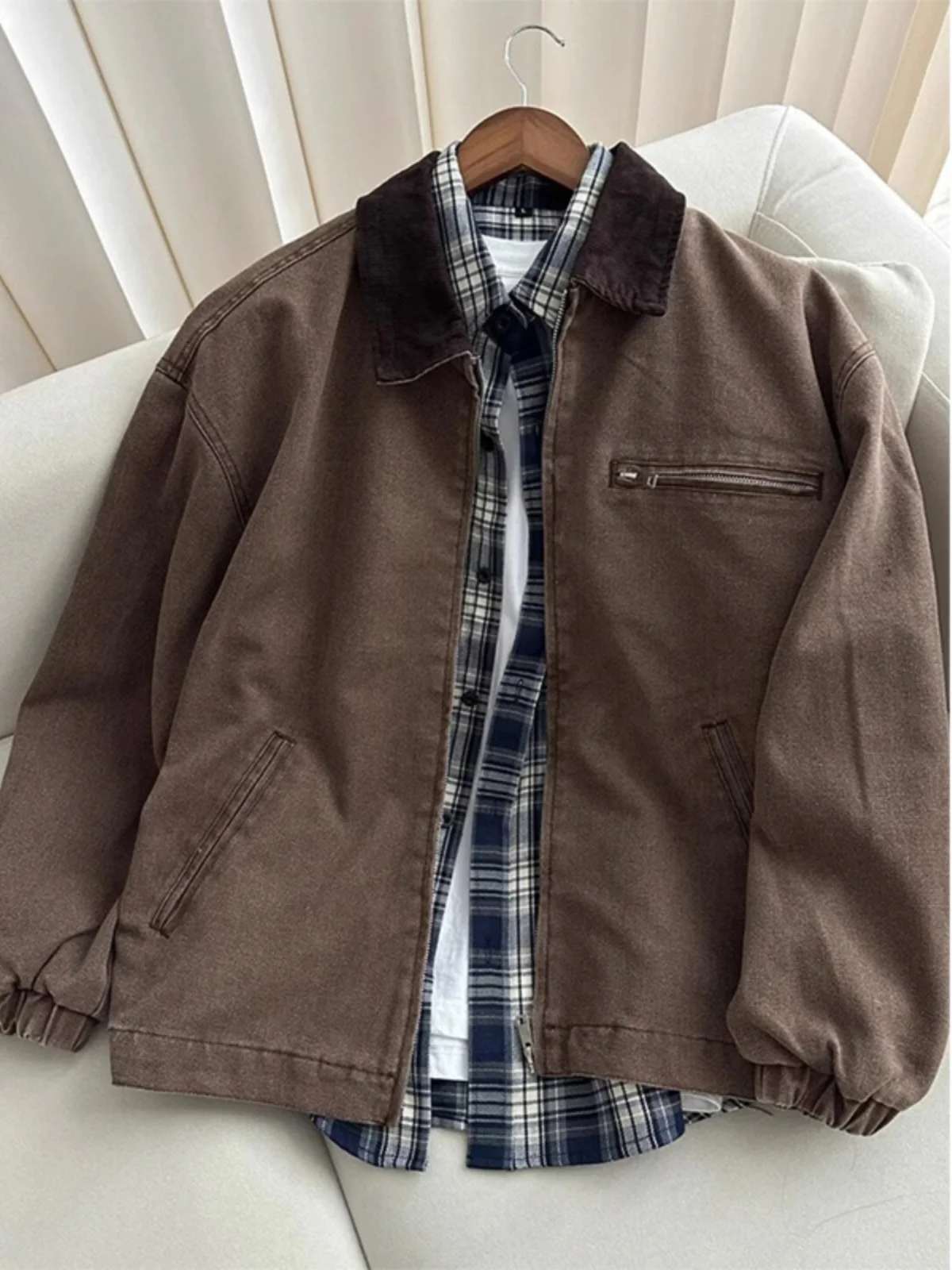 

Cé Brown ort Workwear Jaet Men's Vintage Waed Baseball Collar Cleanfit Kaha Jaet Loose Fit Long Sve Youth Trend