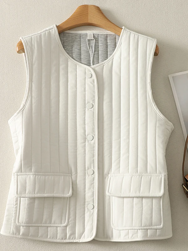 Casual Cotton Vest Women's round Neck Sleeveless Warmth Inner Wear Striped Button up Jacket for Autumn Winter Leisure Style