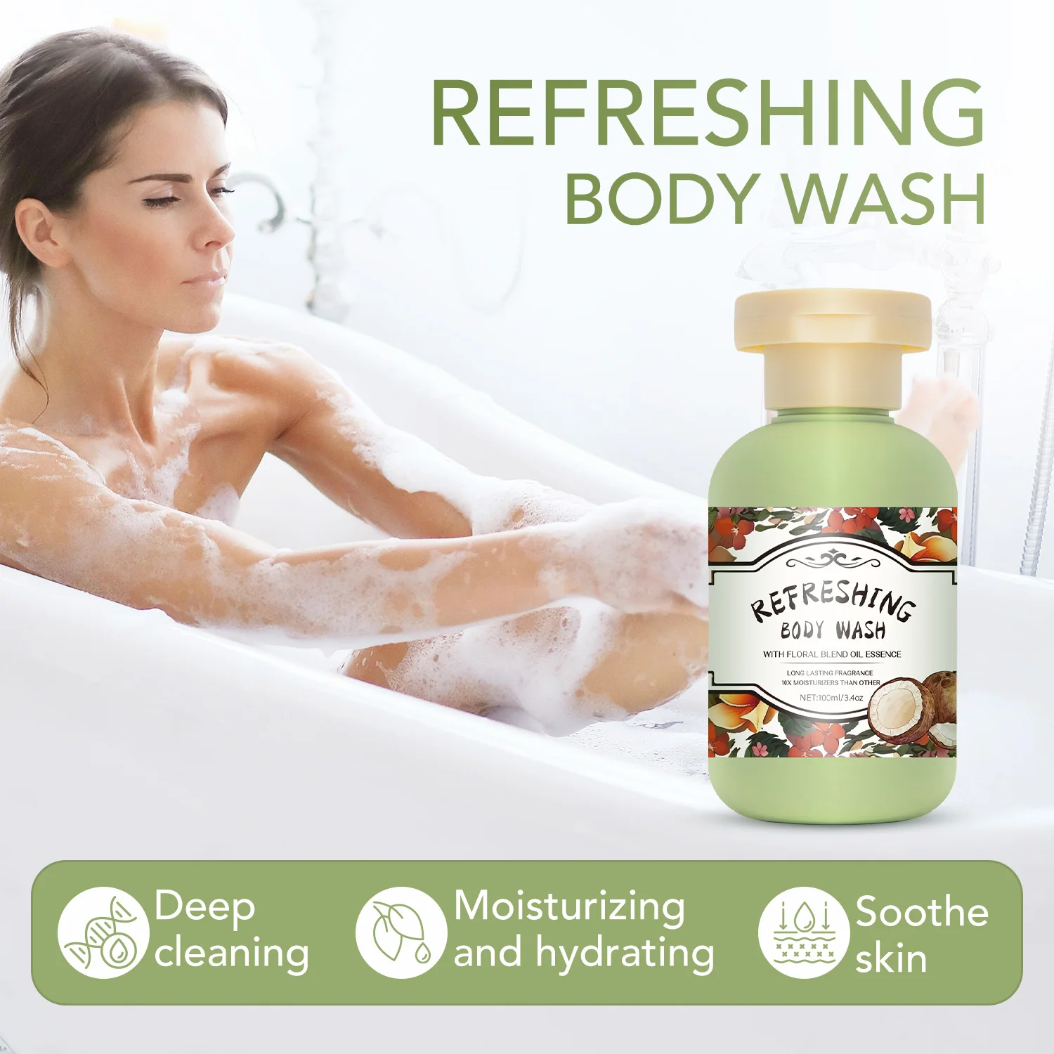 Refreshing Body Wash with Floral Blend Oil Essence, Long-lasting & Fragrance, Deep Cleaning, 100ml/3.4 fl.oz