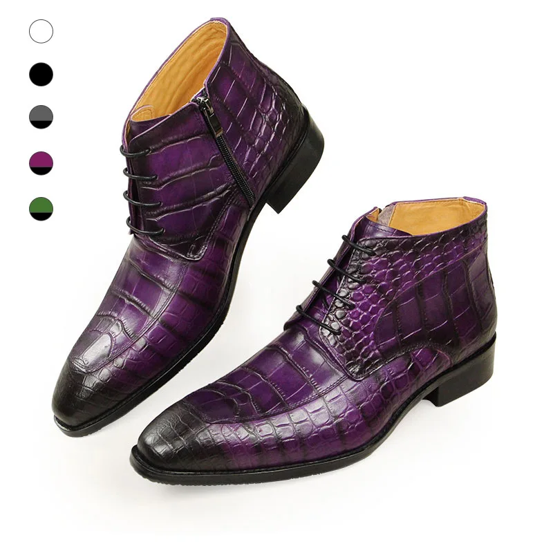 Boots Pointed Toe Mens Fashion Genuine cow leather skin printing Men ankle Rubber sole White purple green variety color options