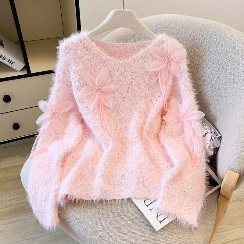 Rosa tridimensional prego grânulo flor camisola feminina outono inverno novo doce macio versátil o-pescoço camisola de malha topo s208