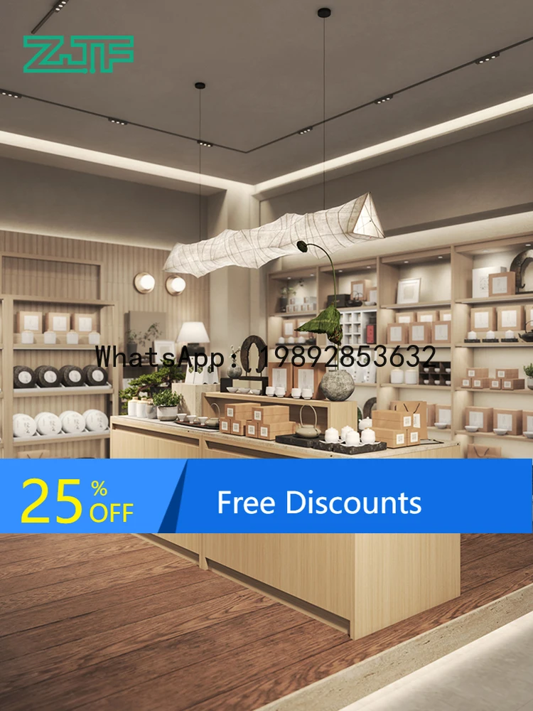 

YFY Tea Shop Display Cabinet Product Display Stand Counter Goods Display Rack Wood Grain Island Table
