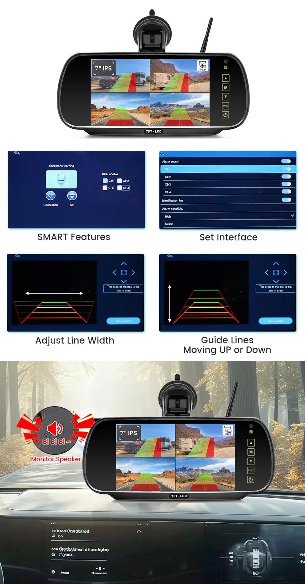 Digital Wireless 7 Inch Car DVR Rear View Mirror Monitor Split Screen with BSD Reversing Backup Camera Kit for Truck Rv Camper