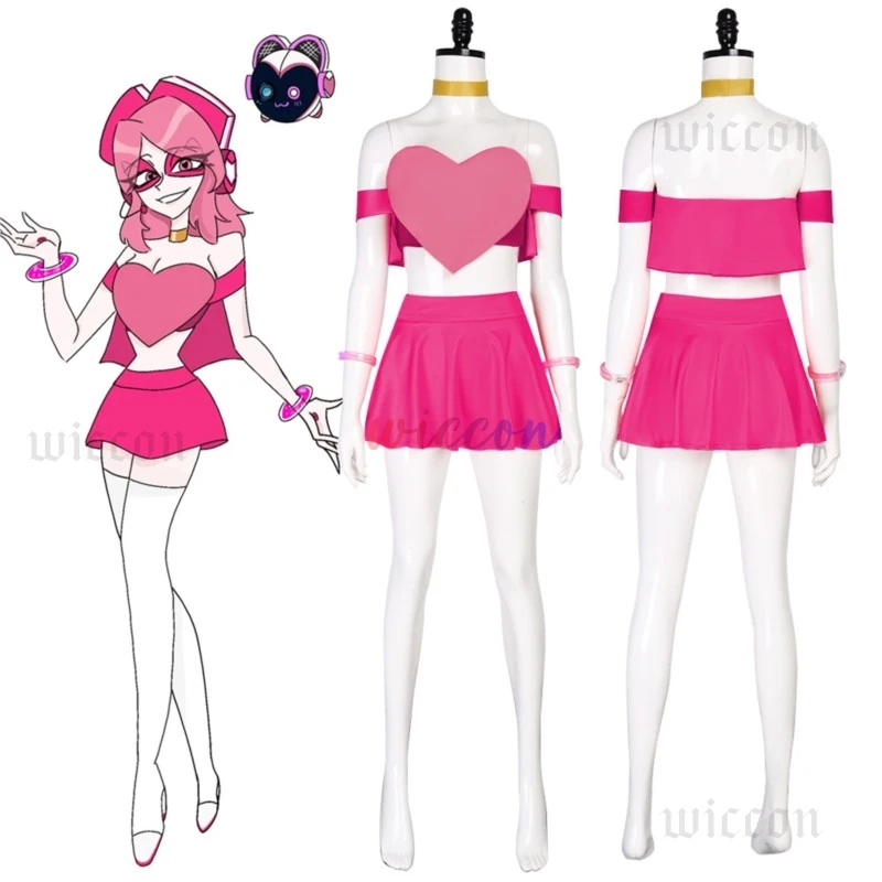 Miss Heed – robe de Cosplay rose en forme de cœur, ensemble complet avec lunettes, tenue élégante et sexy pour femmes, déguisement de fête d'halloween et de carnaval