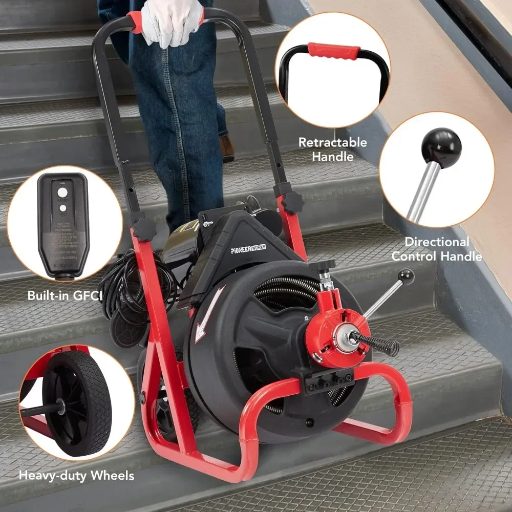 

A For 75Ft x 1/2 Inch Auto-feed Drain Cleaner Machine, Electric Drain Auger Professional for 2 to 4 Inch Pipes, with 6 Cutters