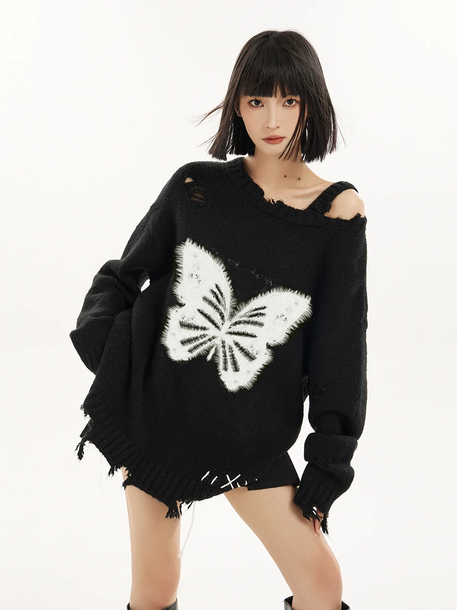 RORORIRI Women Off Shoulder Ripped Knitted Sweater Tassels Long Sleeves Lounge Loose Fuzzy Butterfly Jumper Top Vintage Clothes