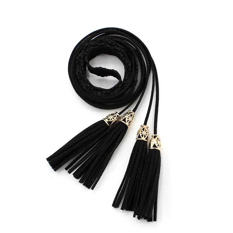 170cm Women Waist Belt Rope Chinese Style Braided Woven Tassel Thin Belt Female Knot Waistband Casual Solid Color Black Belts