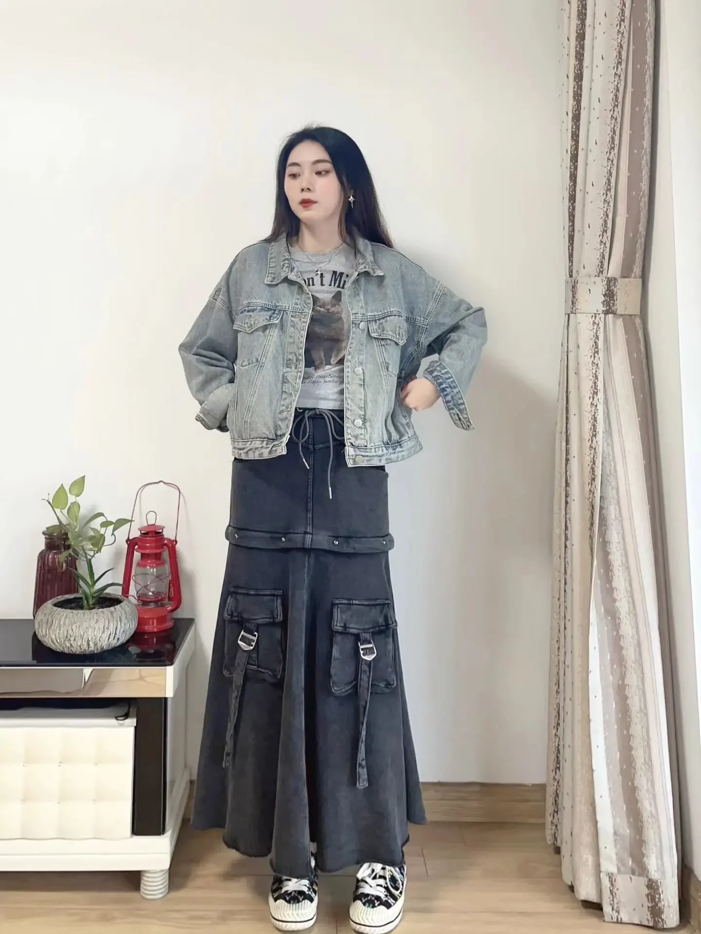 

Women Denim Long Skirt Harajuku Y2k 2000s Vintage Skirts 90s Aesthetic Streetwear Fashion Korean Style A-Line Jean Skirt Clothes