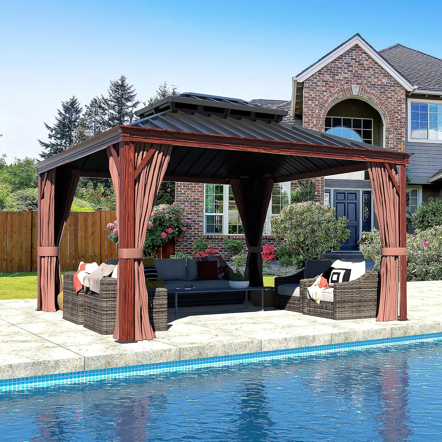 10'x 12' Gazebo, Wood-Looking Coated Hardtop Gazebo with Aluminum Frame, Permanent Outdoor Pavilion with Double, Customized