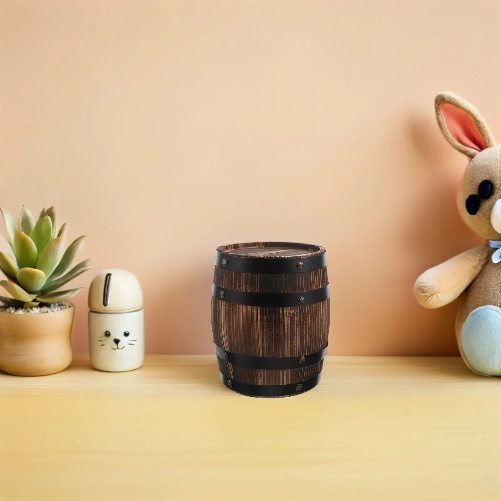 Decorative Rustic Oak Barrel Wooden Money Bank Large Piggy Bank Vintage Coin Saving Box for Christmas Holiday
