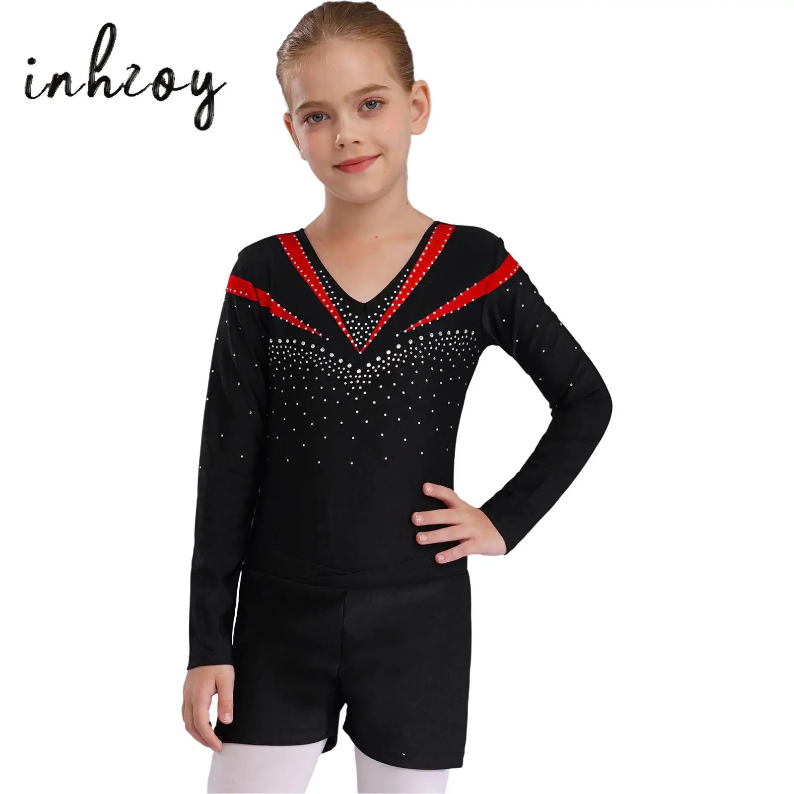 

2Pcs Kids Girls Gymnastics Leotard Long Sleeve Shiny Rhinestones Contrast Color Bodysuit+Shorts for Performace Ballet Dancewear