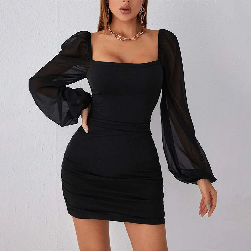 

Elegant Square Neck Sexy Bodycon Dress With Mesh Sleeves Bubble Long Sleeves Ruffled Fitted Midi Dress For Women