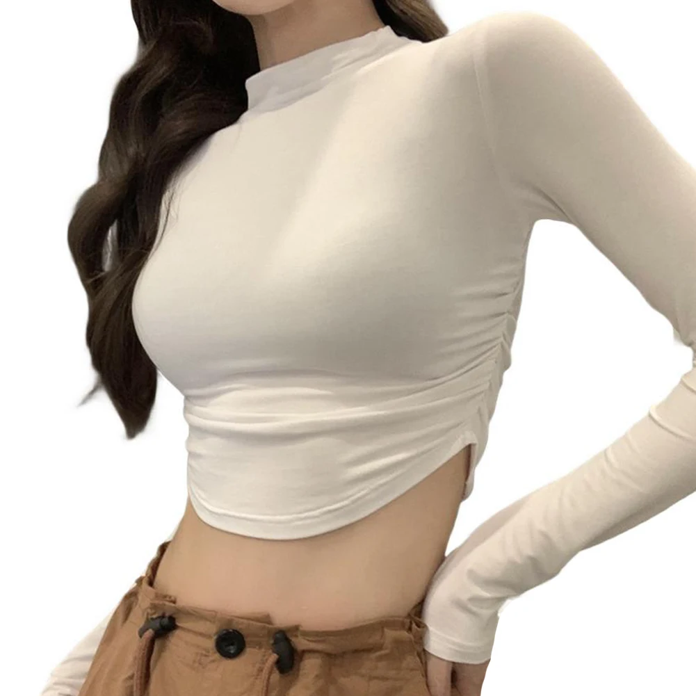 

Эластичная водолазка с длинными рукавами для женщин, однотонная облегающая базовая футболка, подходящая для повседневного и повседневного ношения