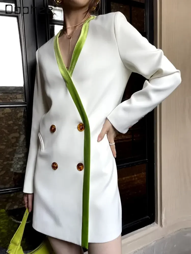 Original White Green Velvet V-neck Blazer Coat for Women 2023 Spring New Elegant Woman Double Breasted Mid-lengthg Suit Jacket