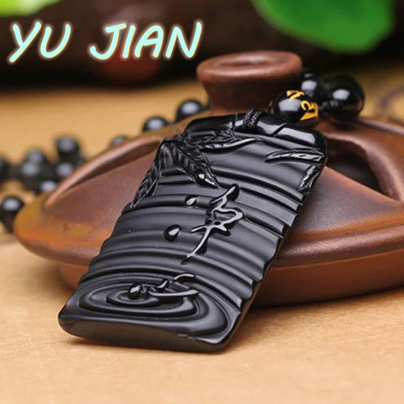 New Beautifully Handcrafted Black Obsidian Pendant Natural Stone Chinese Character Necklace Charm Fashion Jewelry Fine Jewellry