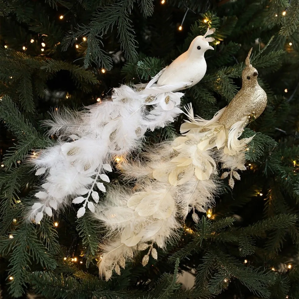 

Long Tail Christmas Peacock Ornaments Glimmering Feather Handmade Artificial Peafowl Ornaments with Clip Realistic