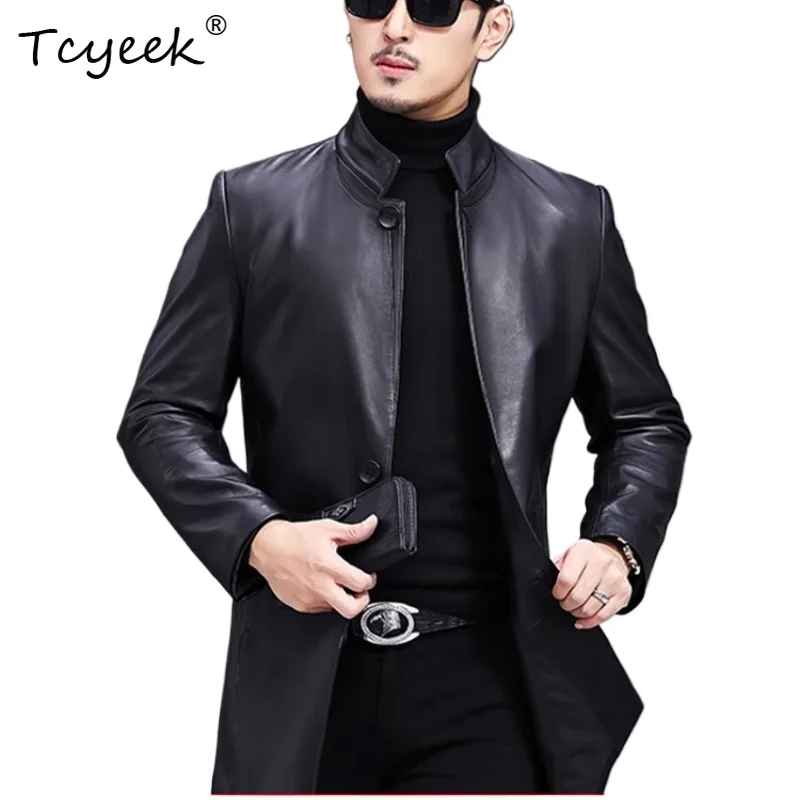 

Tcyeek Натуральная овчина Весна Осень Модная черная мужская куртка средней длины с воротником-стойкой Куртка Кожаная Мужская