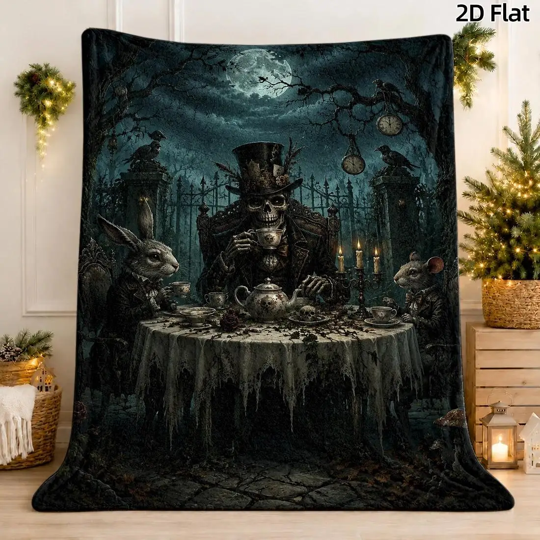 1pc 2D Flat Throw Blanket, Gothic Tea Party Skull & Full Moon, Oil Painting Mad Hatter, Dark Blue Black Gothic Decor Blanket