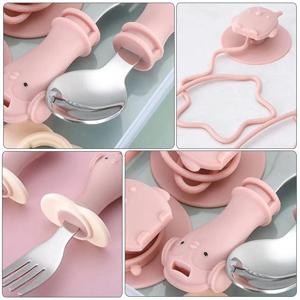 

1 Set Baby Fork and Spoon Set Toddler Training Tableware Silicone Stainless Steel Self Feeding Suction Cup Anti Drop Chain
