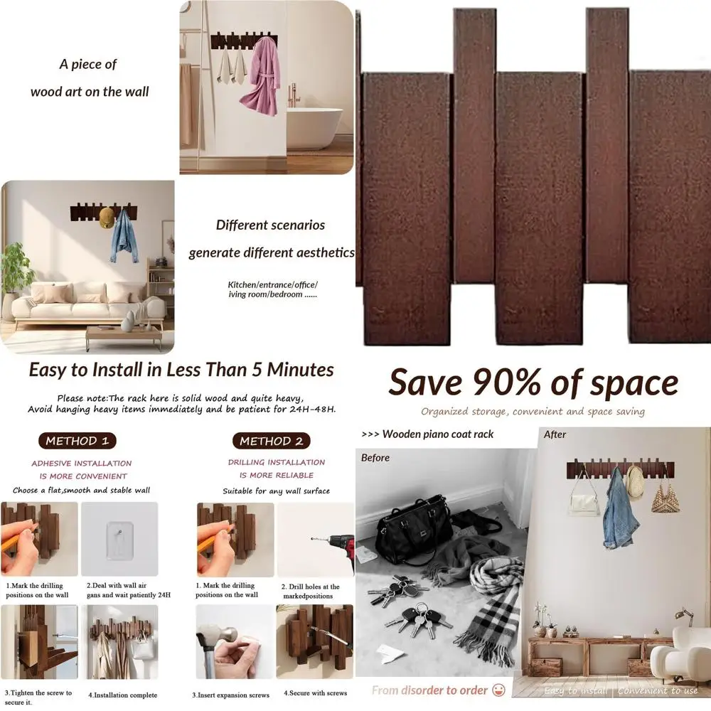 

Wooden 10-Hook Piano Key Style Coat Rack - Wall-Mounted Entryway Organizer for Hats, Clothes, and Leashes