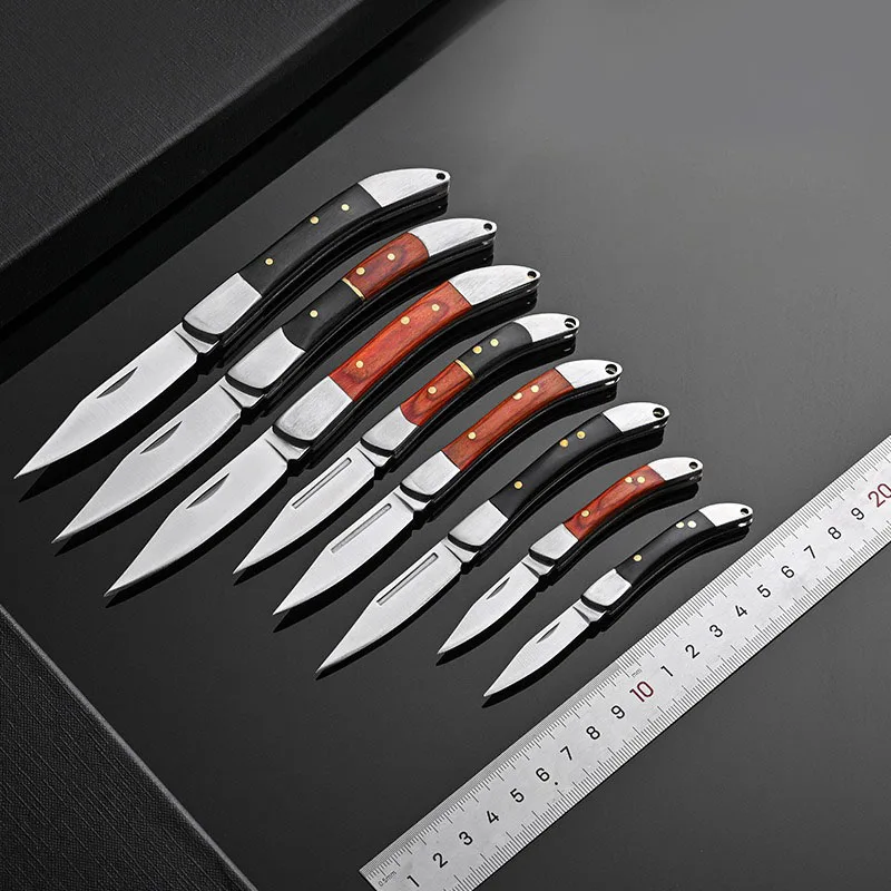 Stainless Steel Folding Knife Sharp Blade Wooden Handle Portable Pocket Keychain For Outdoor Camping Survival