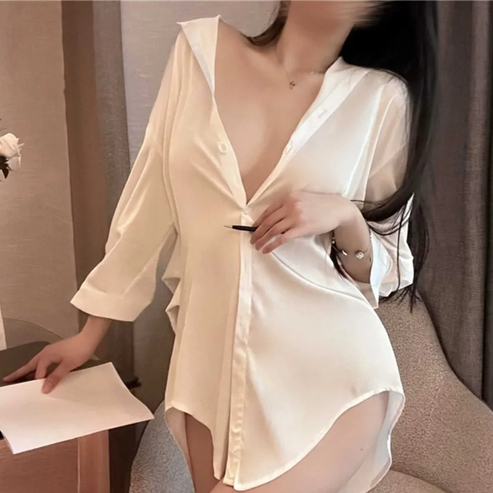 Camicia da notte da donna con scollo a V profondo Camicia bianca alla moda Indumenti da notte da donna sexy Indossa indumenti da notte per adulti Abbigliamento sessuale Camicie da notte femminili calde
