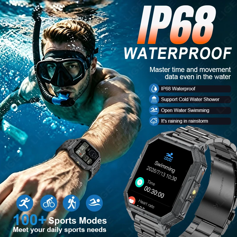 LIGE 2026 TANK Ultra 1400mAh Battery Military Smart Watch Heart Rate Tactical LED Flashlight IP68 Waterproof Men Sports Bracelet