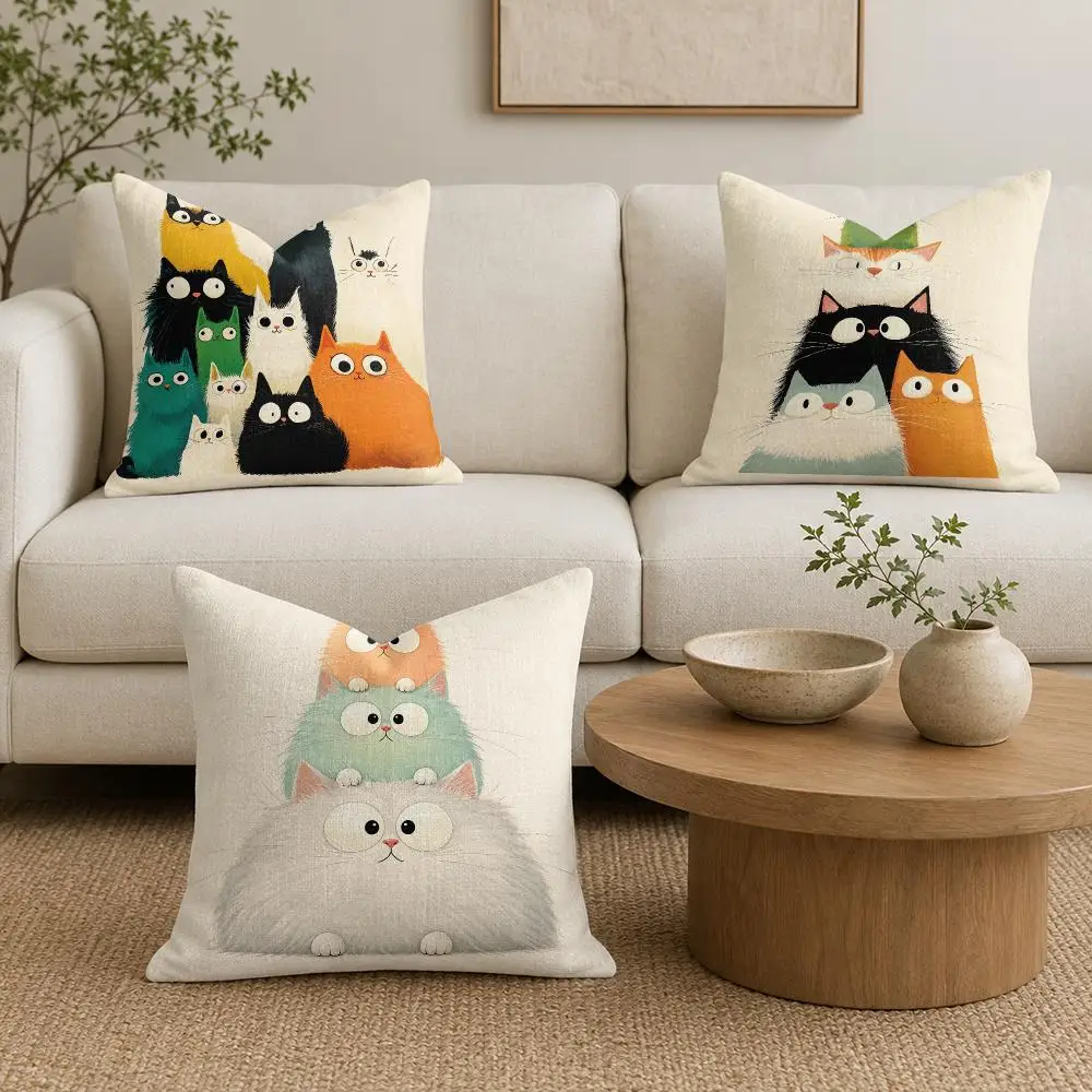 Super Cute Cartoon Cat Cushion Cover Natural Linen Organic Fabric Double-Sided Printing Sofa Home Decor Gift Pillow Cover