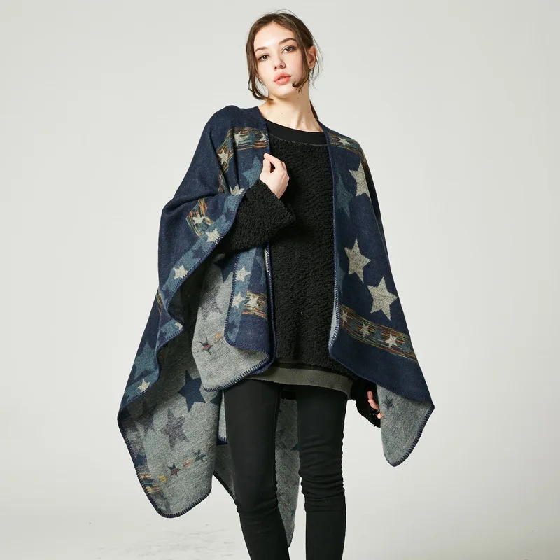 New European American Women's Star Color Bar Imitation Cashmere Shawl Extra Long Thickened Foreign Trade Cape Ponchos Purple