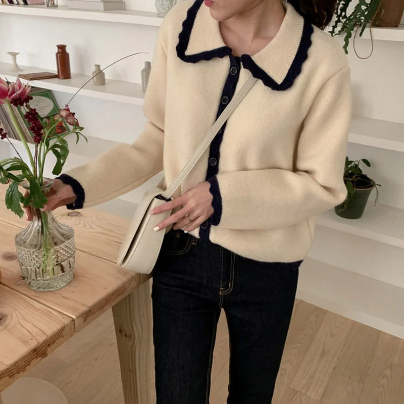 Cardigans Women Sweaters Turn-down Collar Preppy Casual All-match Knitting Spring Fall Design Patchwork Kawaii Student Ins New