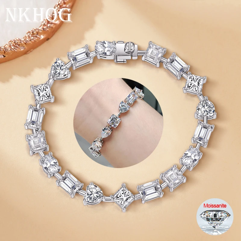 nkhog irregular completa moissanite pulseira de tenis s925 pulseira de prata praca da princesa coracao esmeralda oval asscher cut presente joias finas gra 01