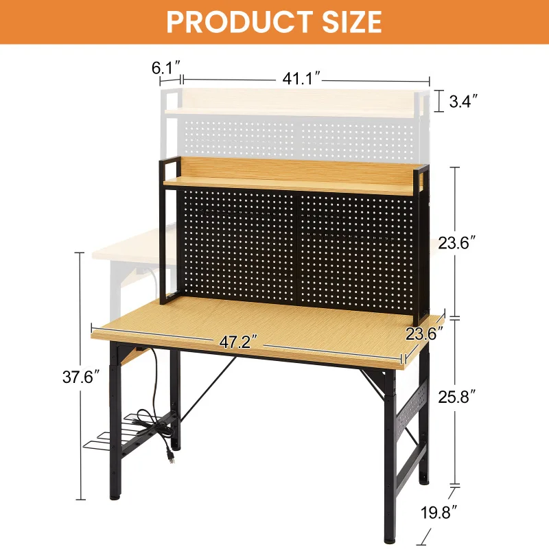 48''Adjustable Workbench with pegboard, Heavy Duty Wooden Desktop Workbench with Wheels, 1600 lb. Load Capacity, Rolling Workben