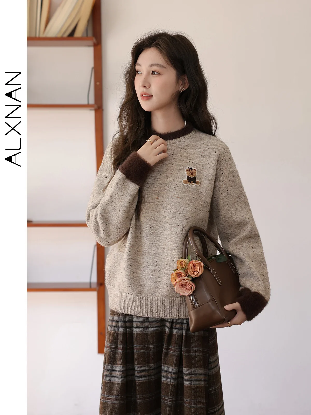 ALXNAN Knitted Women\'s Sweater 2024 Autumn Winter New Round Collar Long Sleeve Female Tops Soft Comfort Pullovers Jumper L33201