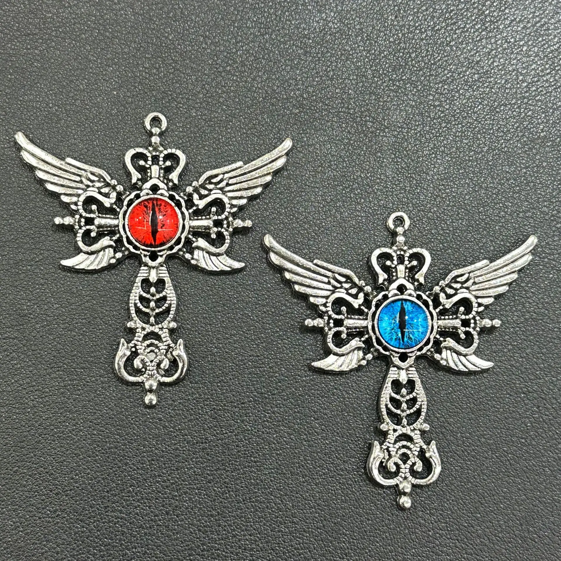 10/30PCS Blue Devil Eyes and Wings Pendant Jewelry Creative Devil Wings Cross Necklace Pendant