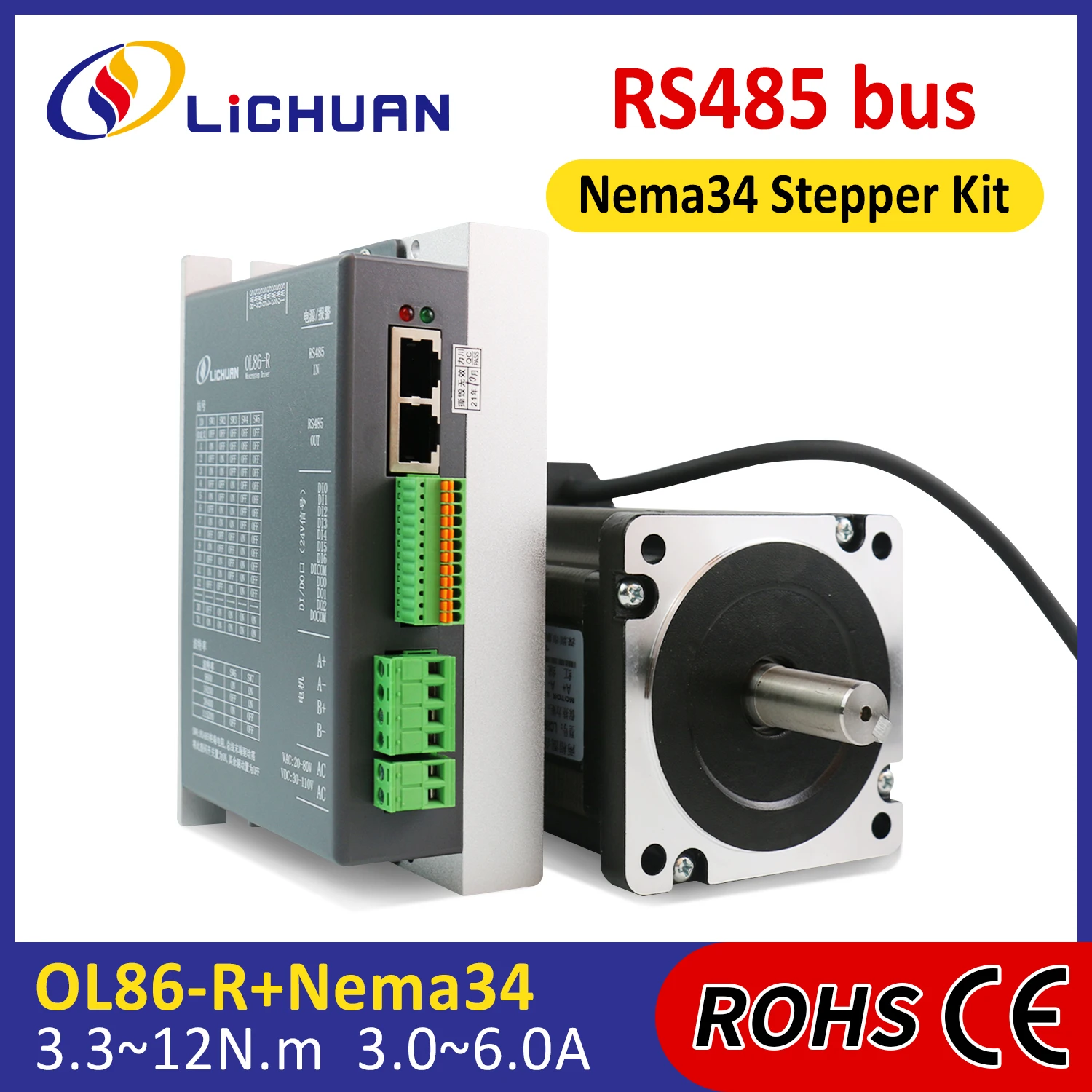 3/5/6A DC30V~110V/AC20V~80V Stepper Motor Controller 3.3/4.5/6.9/8.5/10/12N.m 2 Phase Nema34 Open Loop Stepper Motor Drivers Kit