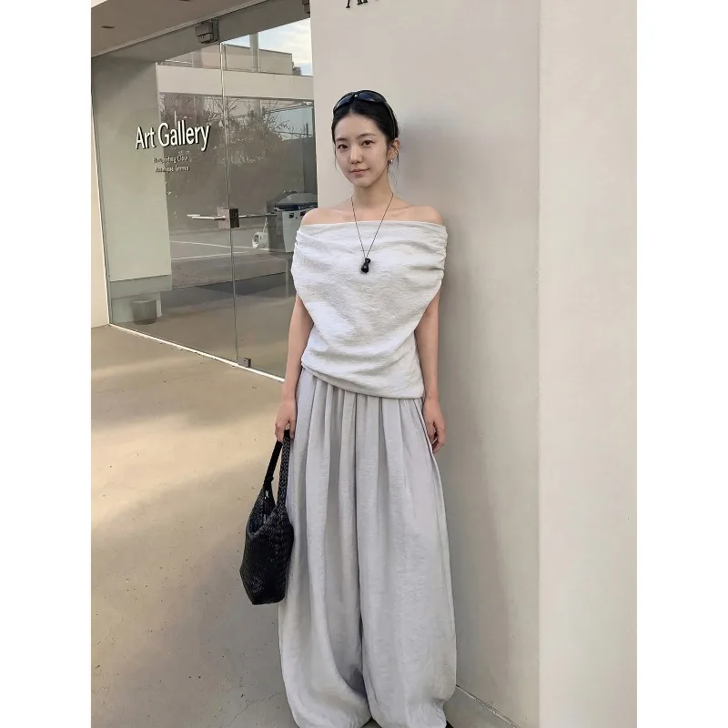 Lightly Mature and Authoritative Sister Style One-Shoulder Top + Lantern Wide-Leg Pants Two-Piece Set Women Summer New Arrival