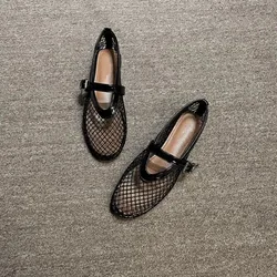 Summer Black Mesh Hollow Sandals Women Flats Shallow 2024 New Beach Shoes Comfort Retro Female  Flat Shoes Plus Size 42