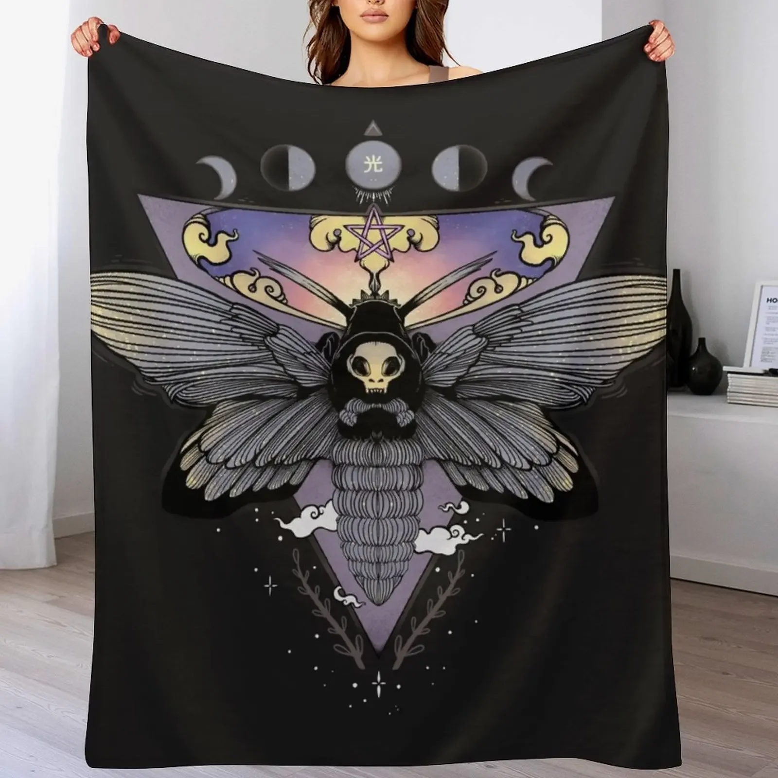 Death Head Moth Gothic Triangle Moon Phase Art Throw Blanket Multi Use Warm Blanket for Living Room Bedroom