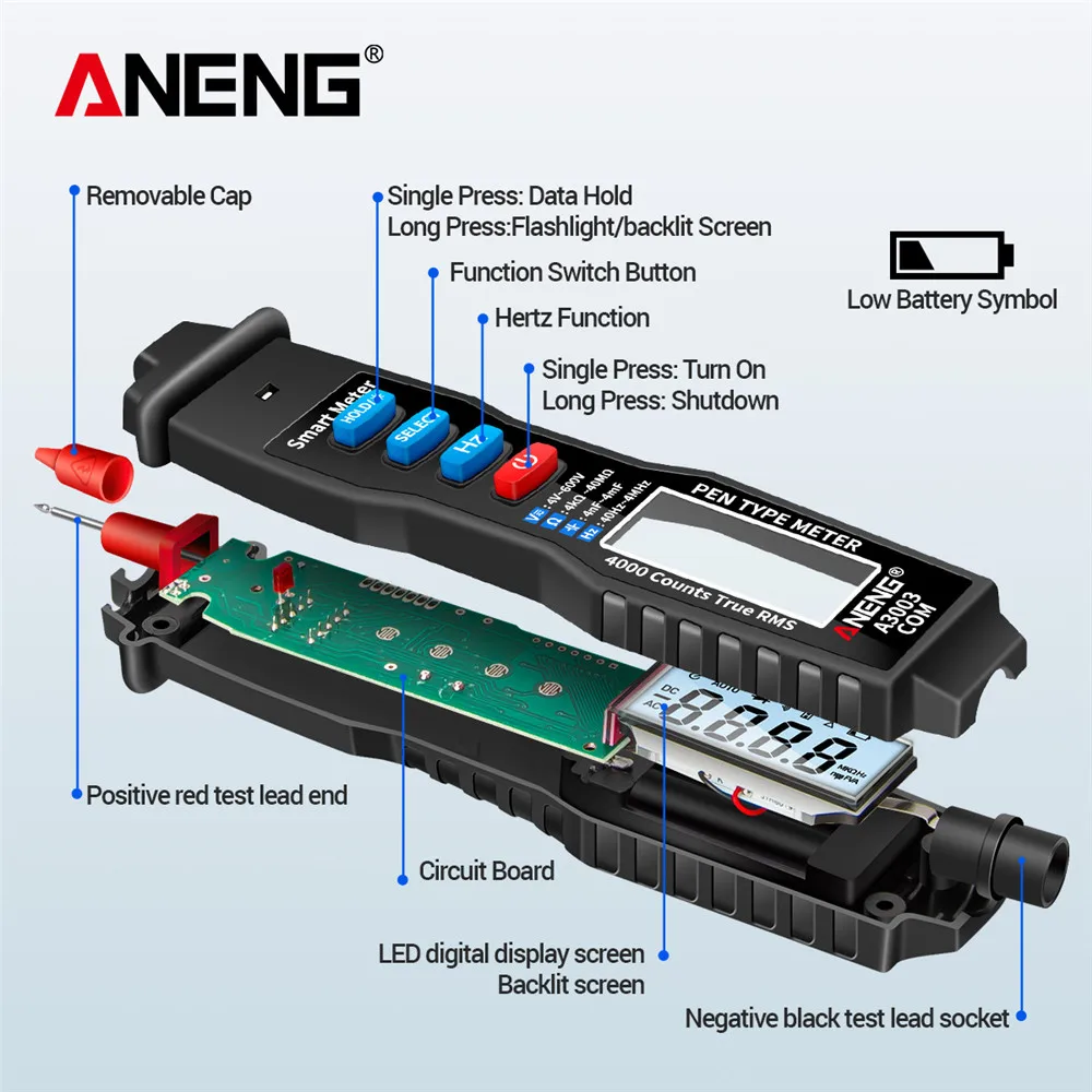 ANENG A3003 Digital Multimeter Pen 4000 Counts NCV Induction AC/DC Voltmeter Hz Tester Intelligent Electrical Measurement Tool