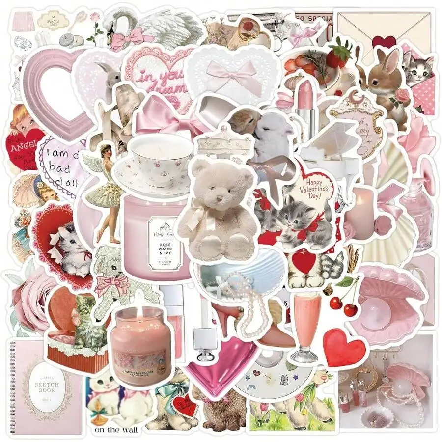 Autocollants esthétiques imperméables, pack d'autocollants roses pour filles, pour bouteilles d'eau, ordinateur portable, téléphone, guitare (60 autocollants Coquette)