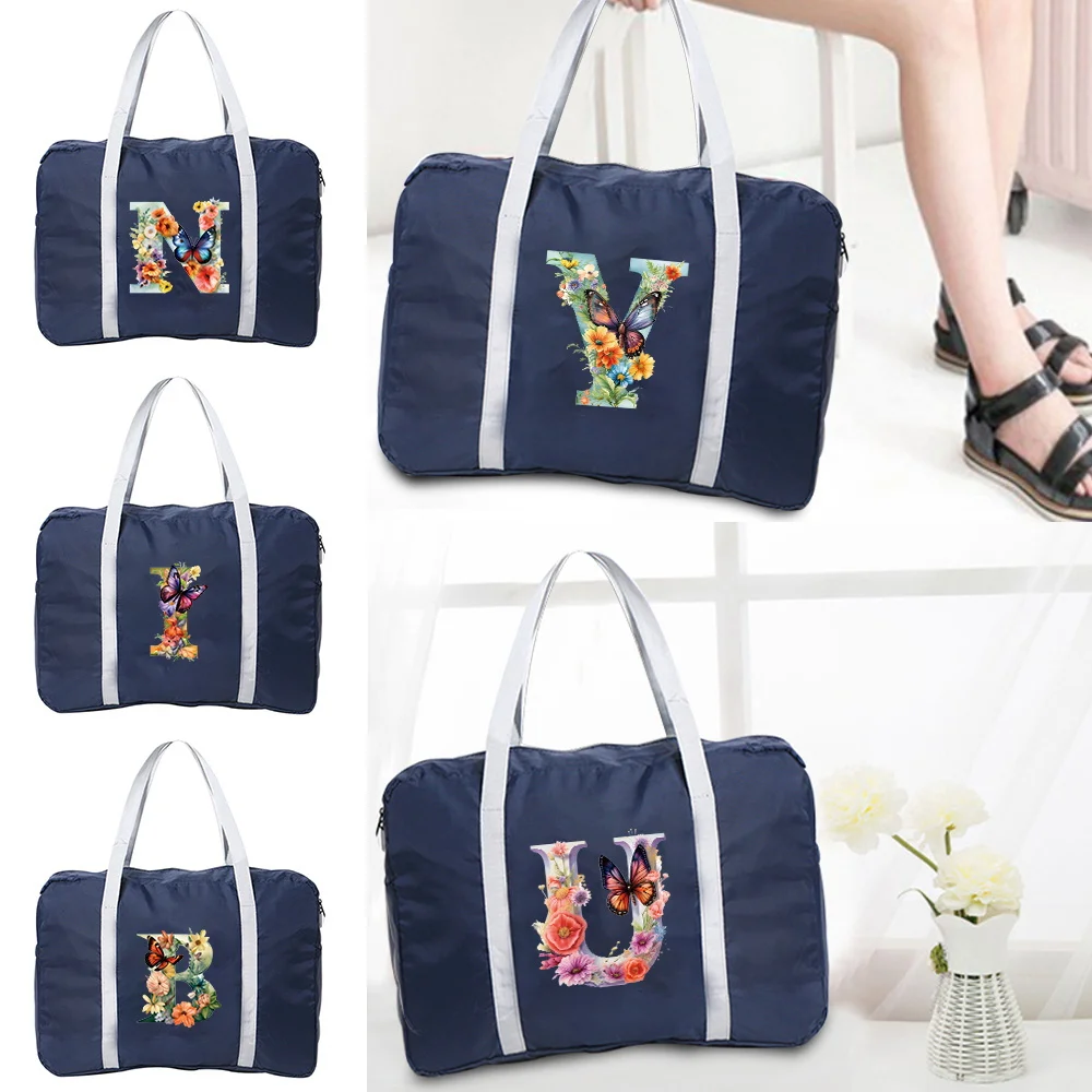 Travel Bag Hand Luggage Tote for Women Butterfly Letter Pattern Print Large Capacity Handbag Duffel Set Overnight for Lady & Men