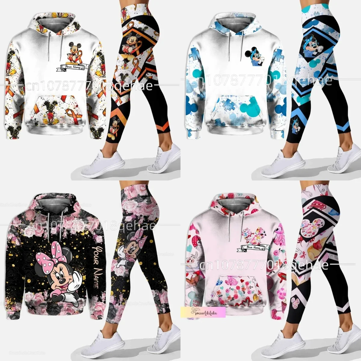 2024 3D New Women\'s Set Sports Hooded Sweater Yoga Pants Sports Disney Yoga Set Fashion Sportswear Essential manga larga