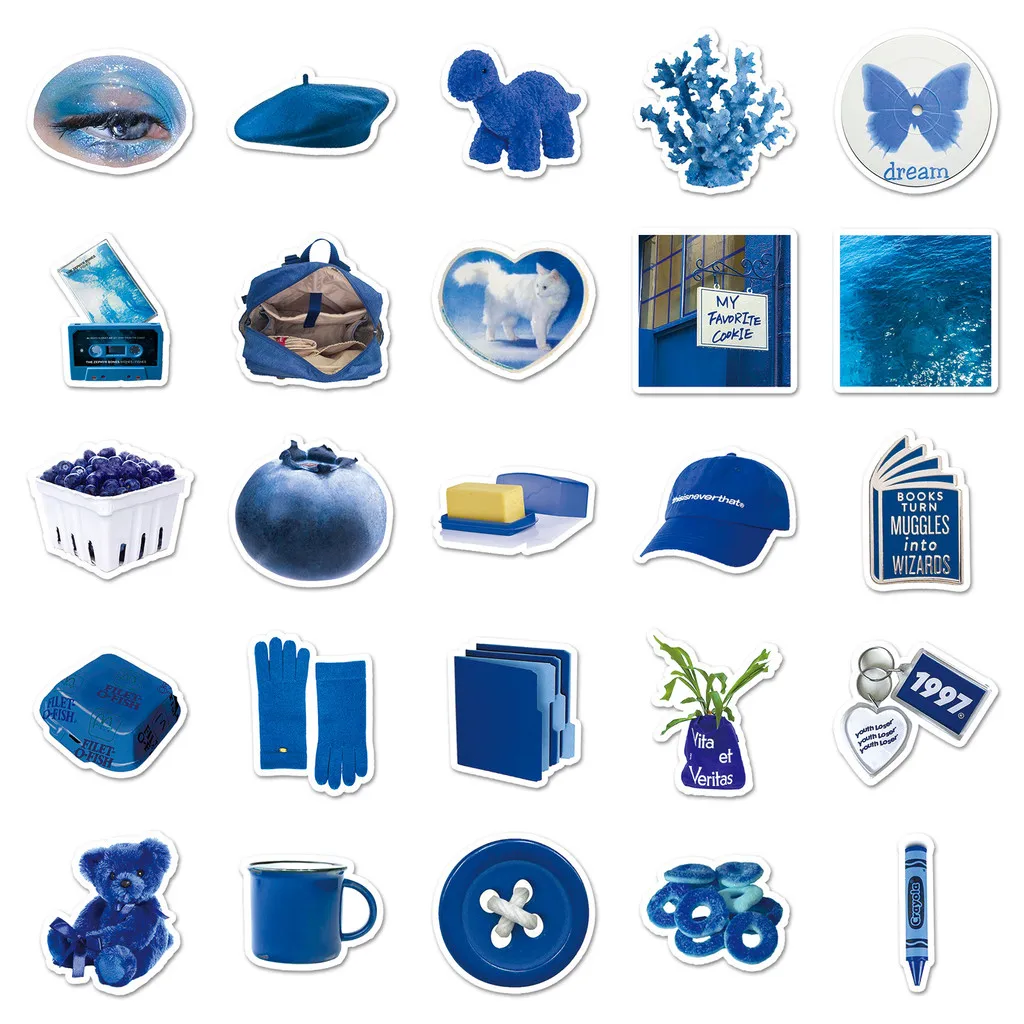 50Pcs Blue INS Style Journal Sticker Aesthetic Minimalist Decor for Phone/Laptop/Water Bottle Waterproof RecordingYourLife Store