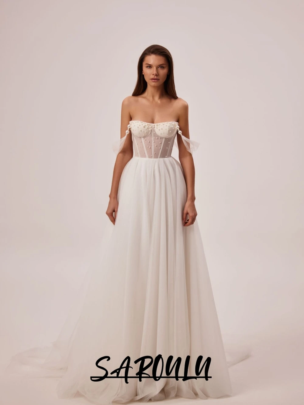 

Classy Pearls Strapless Wedding Dress, Fairy Flowy A Line Bridal Gown, Low Back, Modern Fashion Off Shoulder Customized Wear