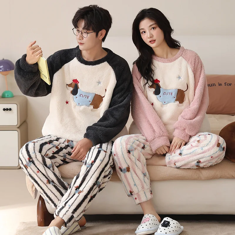 Autumn Winter Couple Pajamas Women  Men Coral Velvet Padded Thickened Cartoon Flannel Home Clothing Leisure Suit Puppy Cute Warm